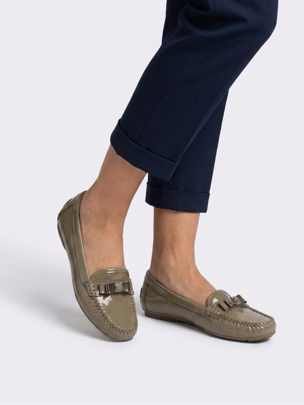 Vince Camuto Olive Patent Leather Bow Loafers with Rhinestone